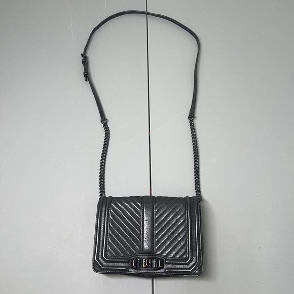 Rebecca Minkoff Love Crossbody Bag Black Chevron Quilted Chain Strap Leather - Picture 1 of 16